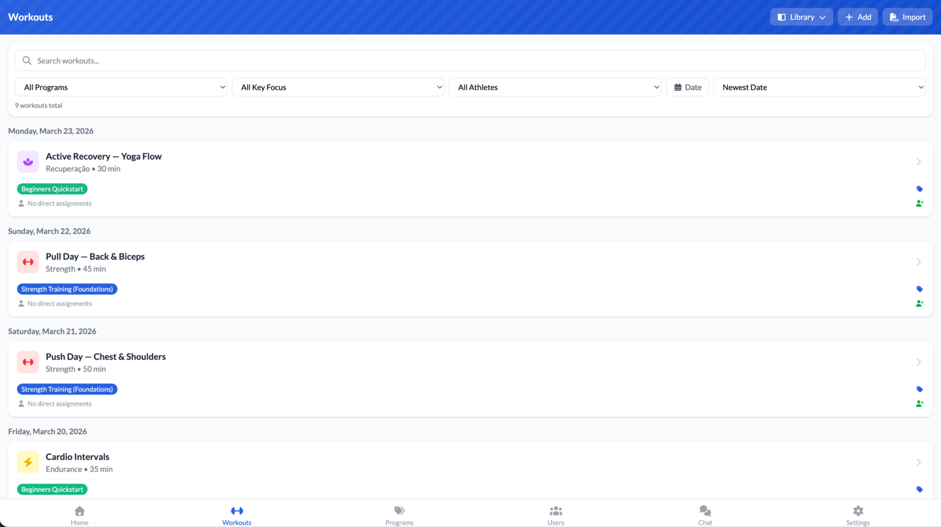 Workout list with filters